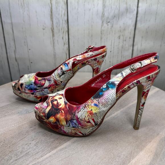 Newsprint Platform Peep Toe Womens Heels Red Retro Slingbacks Size 38 EU - Picture 6 of 15